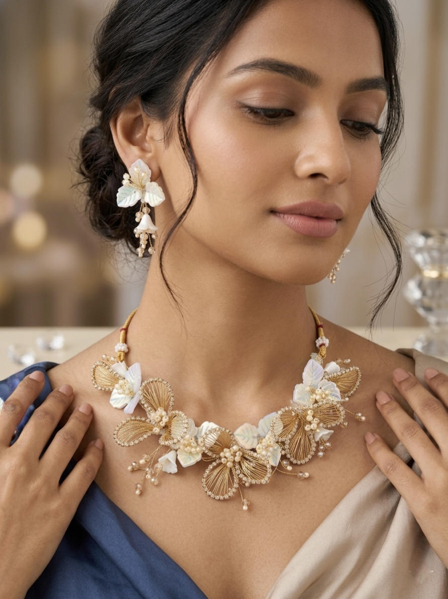 Jalparee Blooming Flora Bridal Haldi Necklace Set with Mother of Pearl Accent