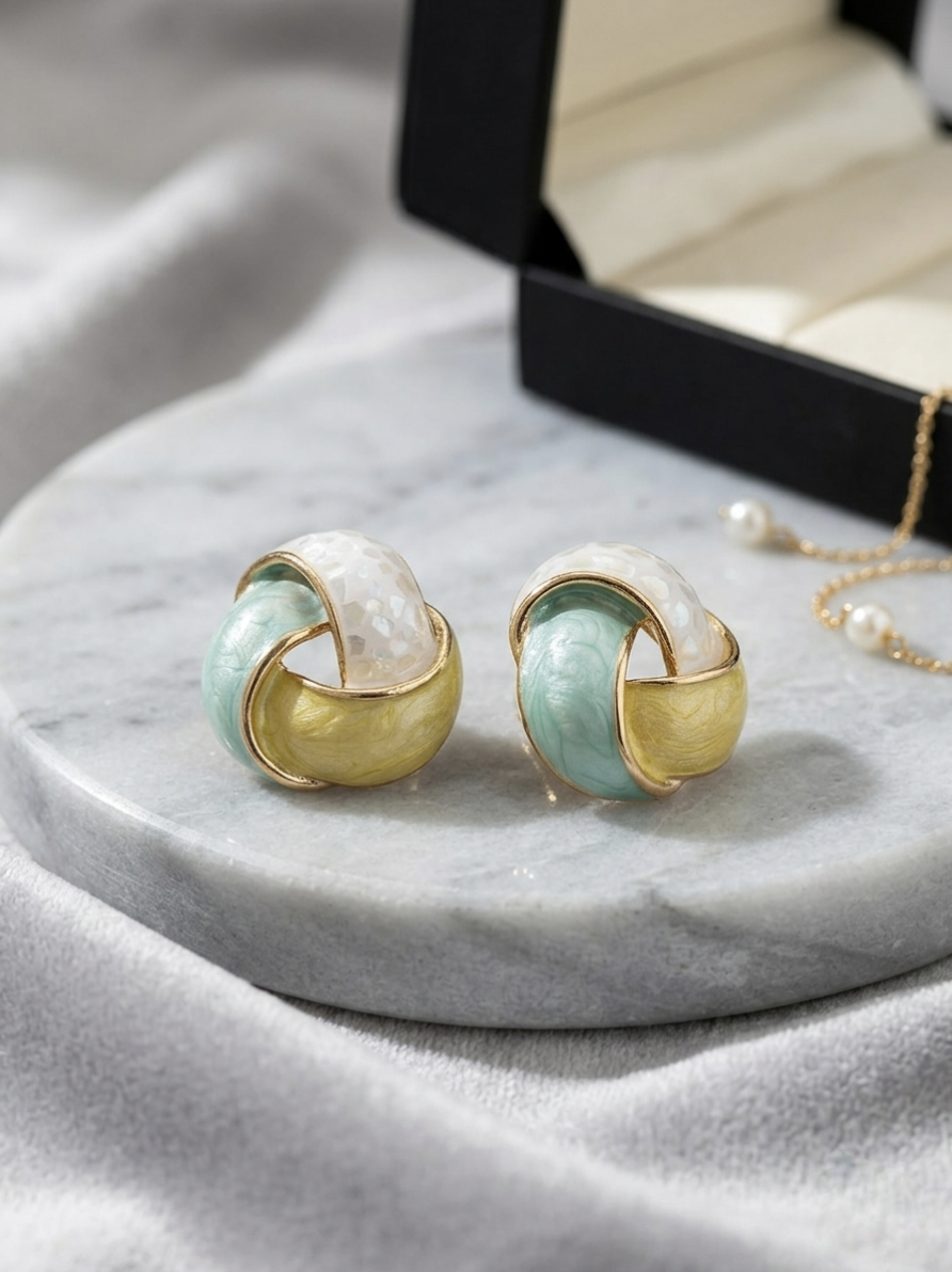 Jalparee Pastel Harmony Interlocking Knot Stud Earrings – Tricolor Western Gold-Toned Studs
