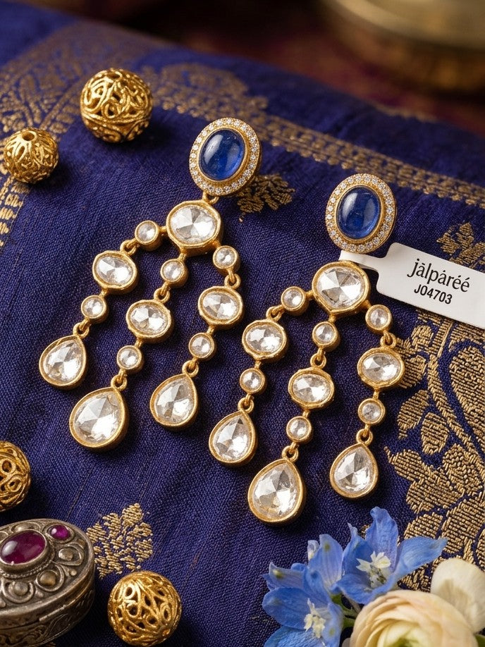 Jalparee: Regal Blue Cabochon & Multi-Tiered Kundan Statement Chandelier Earrings