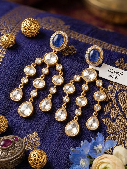 Jalparee: Regal Blue Cabochon & Multi-Tiered Kundan Statement Chandelier Earrings
