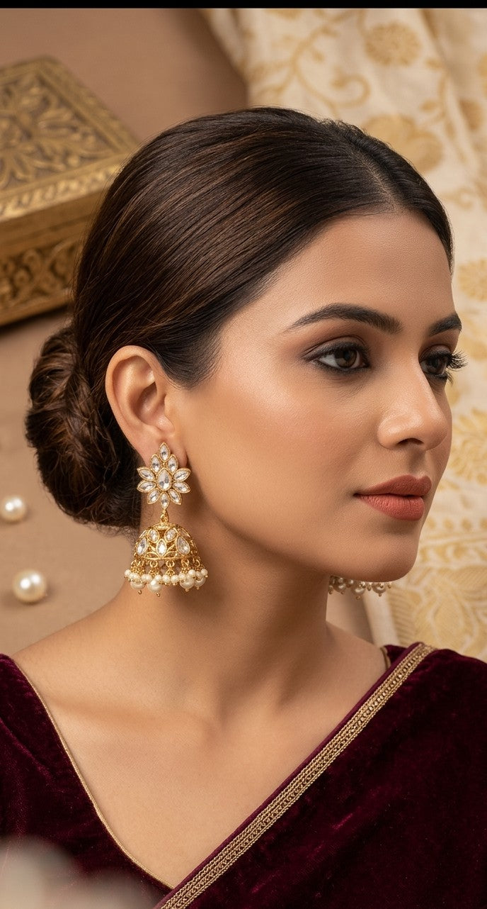 Jalparee Kundan & Pearl Heritage Floral Jhumka Earrings
