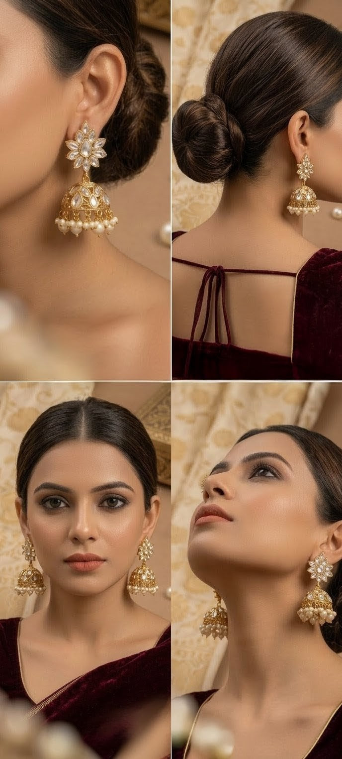 Jalparee Kundan & Pearl Heritage Floral Jhumka Earrings