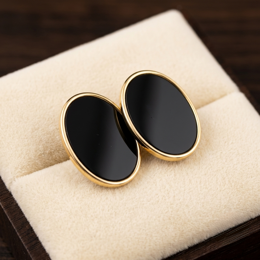 Jalparee Eclipse Oval Black Onyx Stud Earrings – Minimalist Gold-Plated Western Earrings