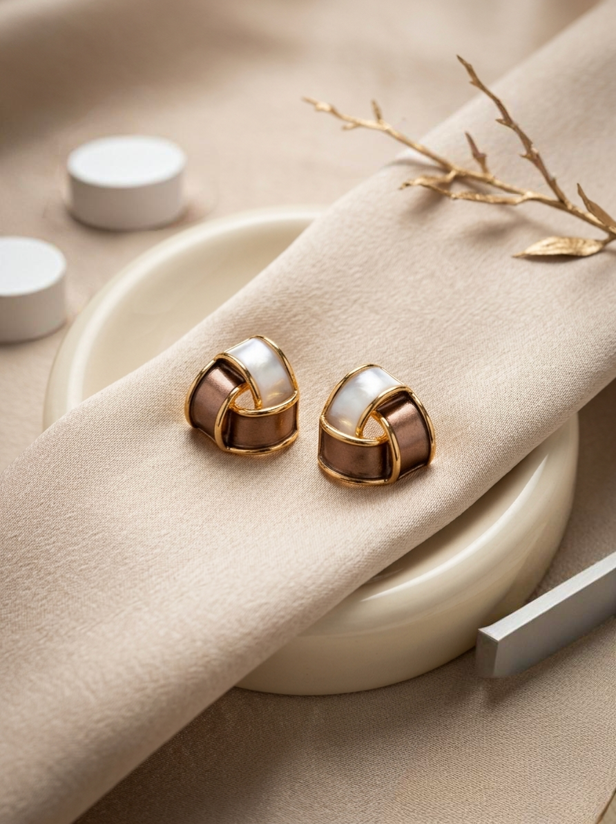 Jalparee Luxe Interlocking Knot Earrings in Mocha and Mother-of-Pearl Finish