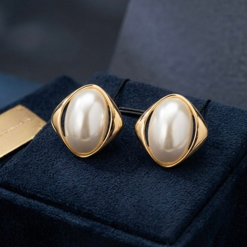 Jalparee Elegant Oval Pearl Stud Earrings in Gold-Toned Geometric Frame