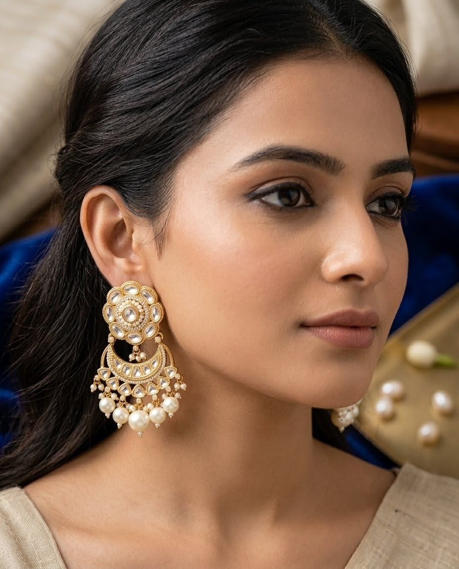 Jalparee Regal Gold-Plated Kundan and Pearl Chandbali Earrings