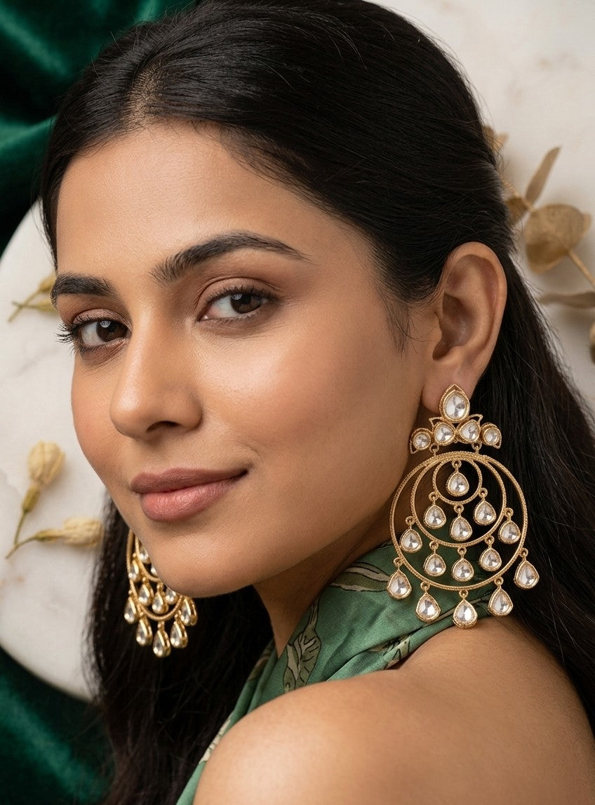 Jalparee "Virasat" Kundan Gold Plated Multi-Tiered Hoop Earrings with Teardrop Dangles