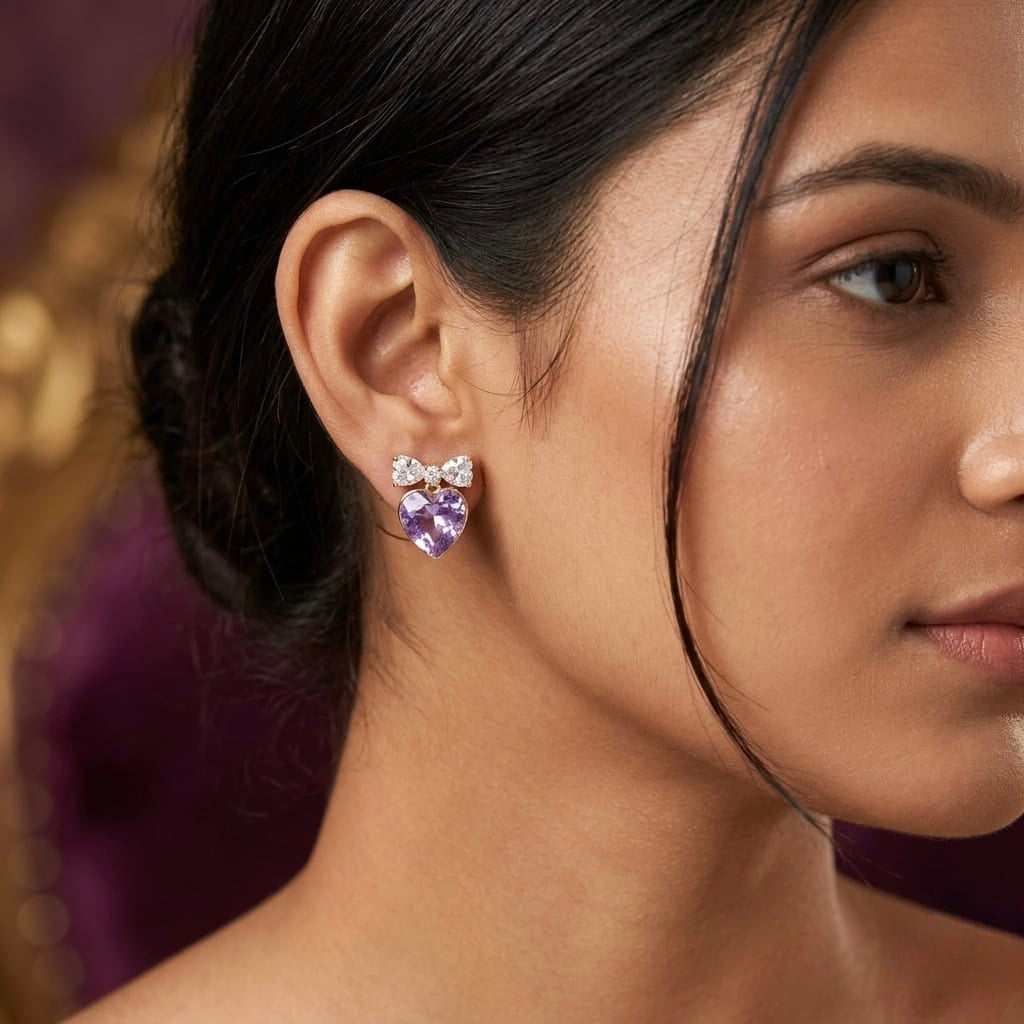 Jalparee Purple Heart & Crystal Bow Drop Earrings