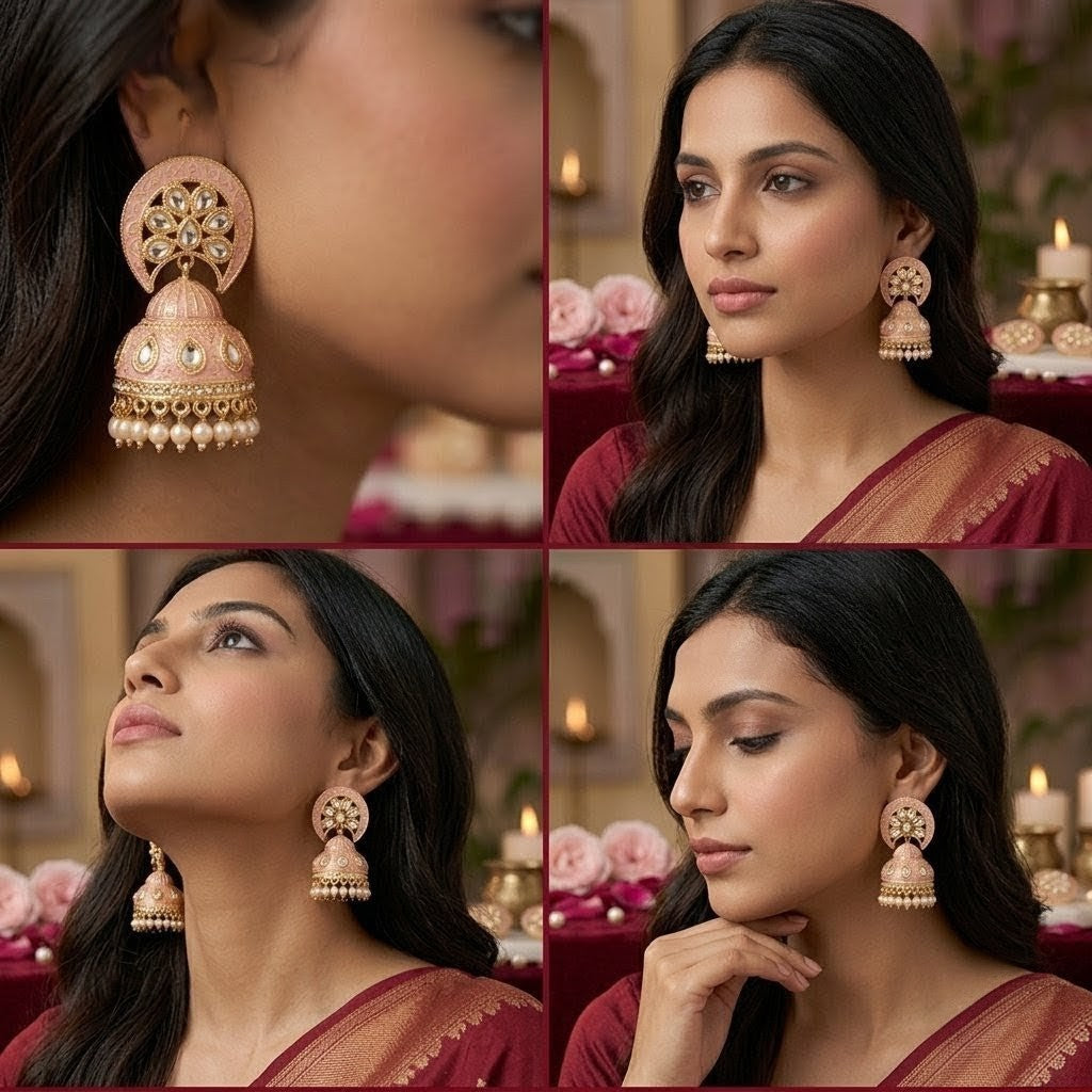 Jalparee 'Gulabi Mehfil' Pink Meenakari and Kundan Chand-Jhumka Earrings