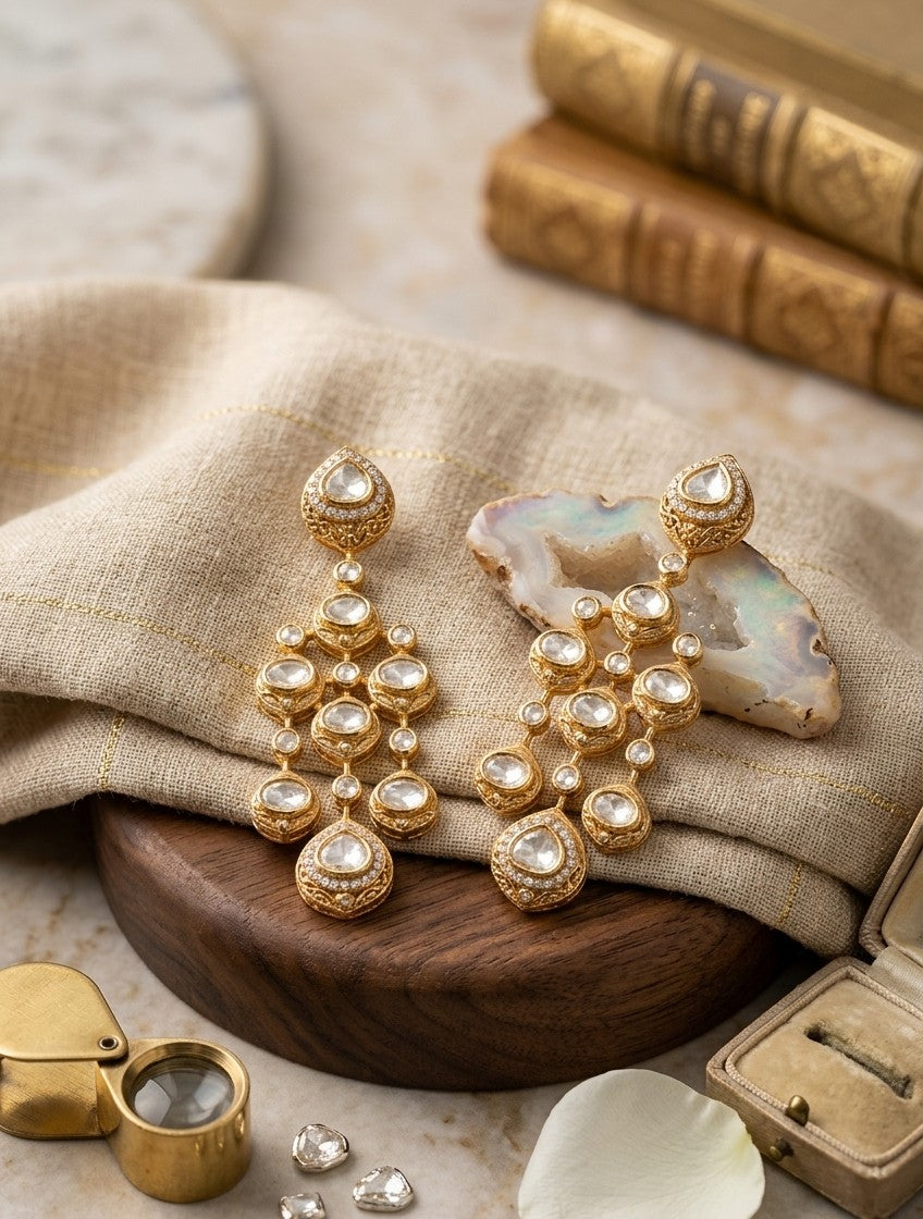 Jalparee Meera Polki & Pearl Gold Chandelier Earrings