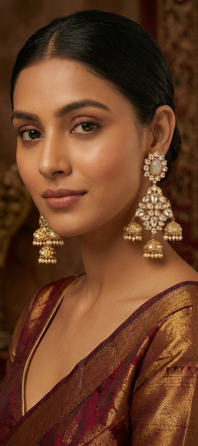 Jalparee Royal Trio: Traditional Gold Kundan & Pearl Jhumka Earrings