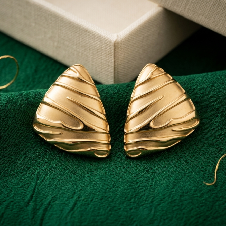 Jalparee Matte Gold Textured Triangular Stud Earrings – Bold Western Statement Jewelry