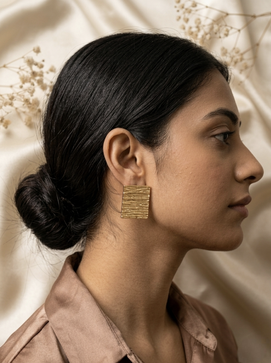 Jalparee Textured Golden Square Stud Earrings – Minimalist Western Statement Tops