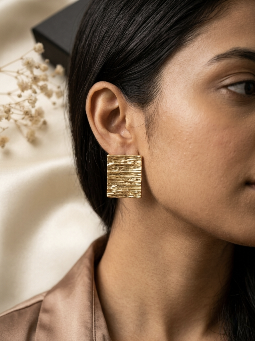 Jalparee Textured Golden Square Stud Earrings – Minimalist Western Statement Tops