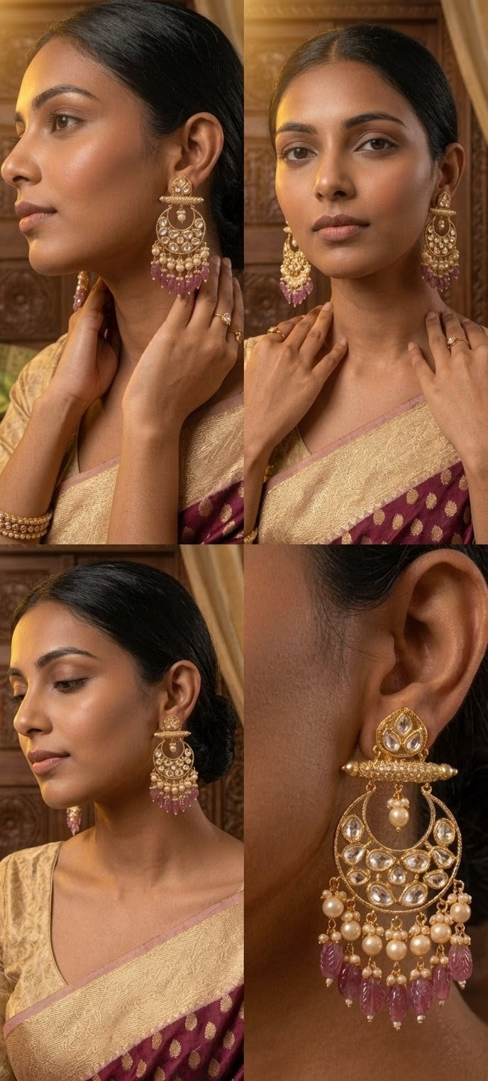 Jalparee Heritage Gilded Kundan & Leaf-Carved Mauve Tourmaline Chandbali Dangle Earrings