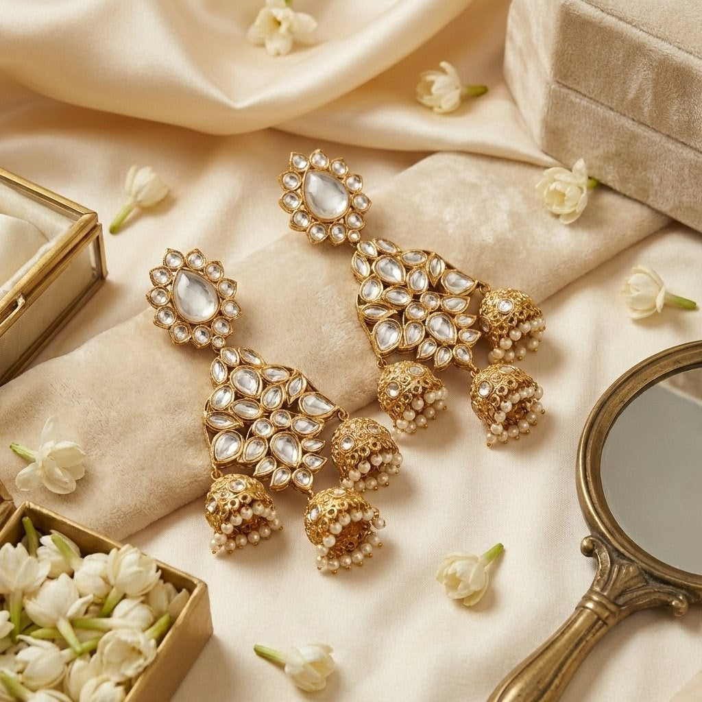 Jalparee Royal Trio: Traditional Gold Kundan & Pearl Jhumka Earrings