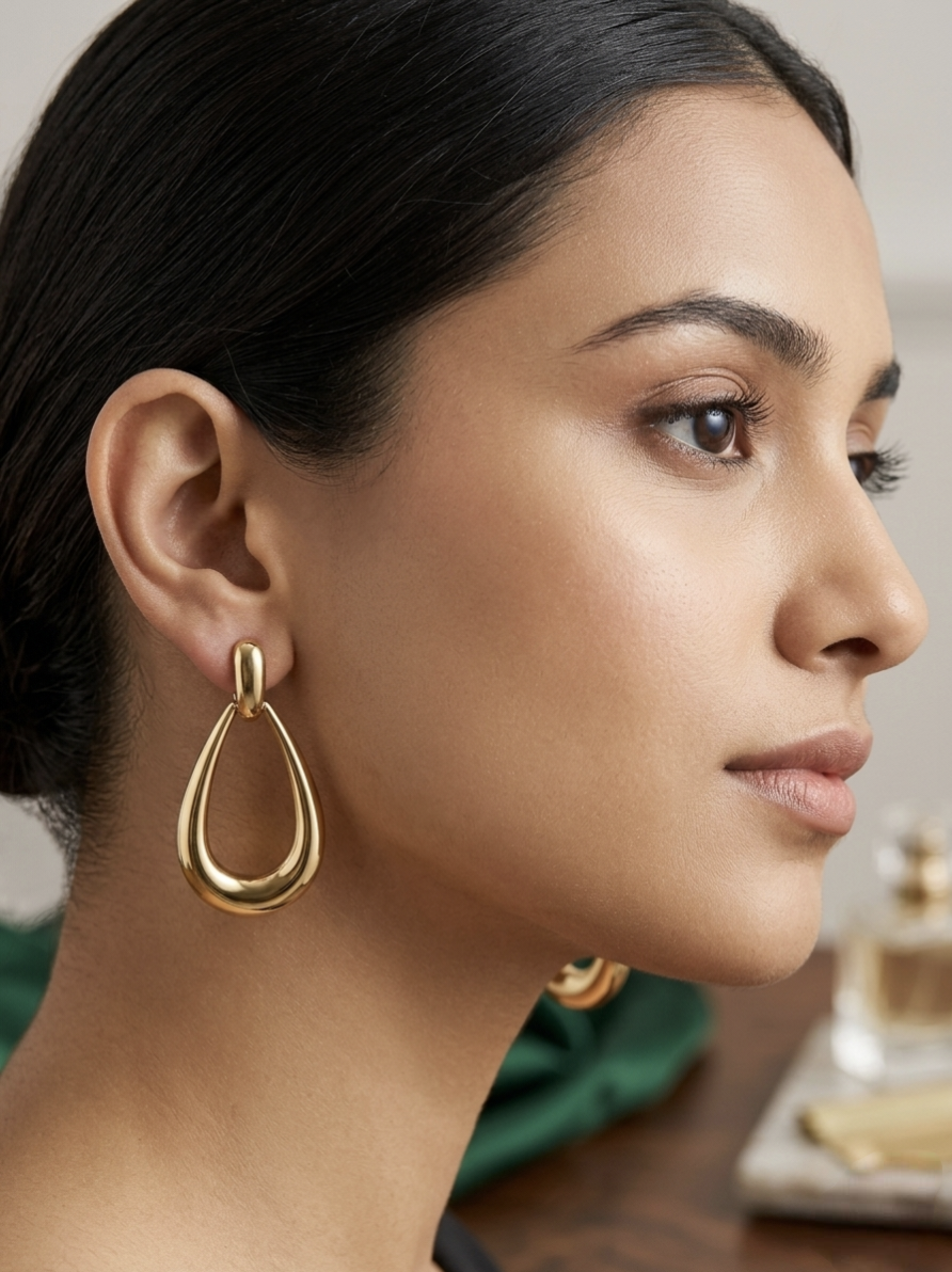 Jalparee Elegant Gold-Toned Chunky Teardrop Hoop Earrings | Bold Geometric Western Drop Earrings