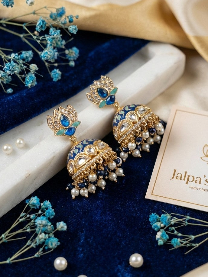 The Royal Blue Lotus & Kundan Jhumka Earrings by Jalparee
