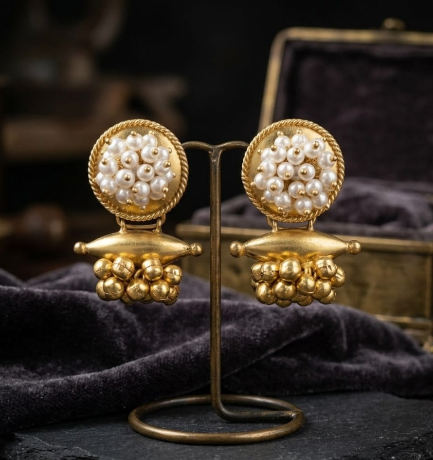 Golden Pearl Infusion Indo-Western Statement Earrings