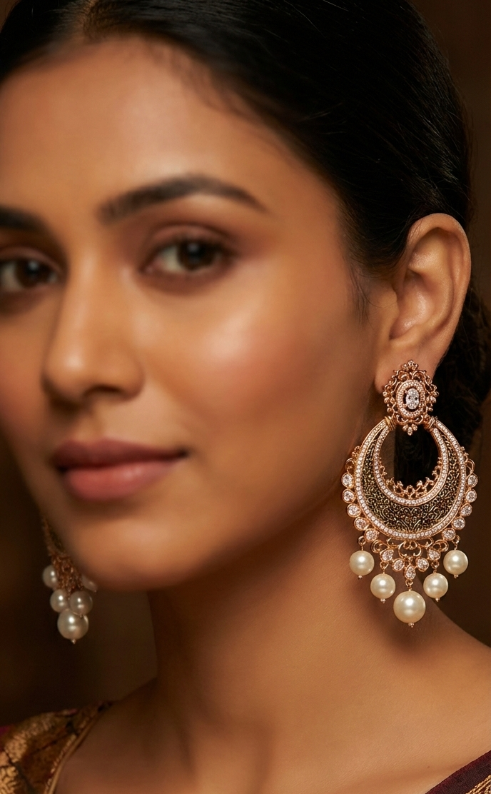 Jalparee 'Noor' Gold-Plated CZ & Pearl Chandbali Earrings