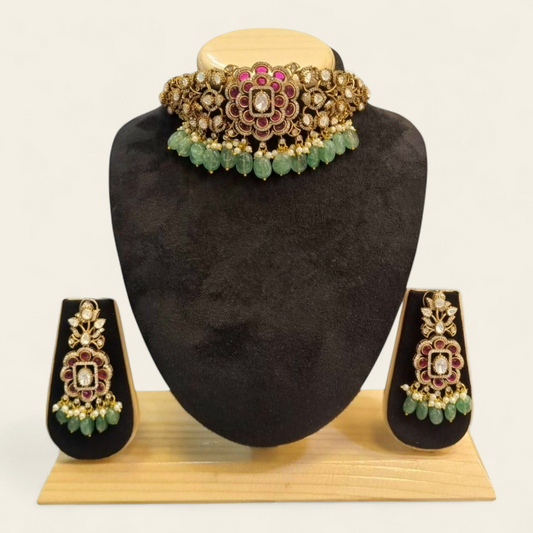 Traditional Ruby & Emerald Stone Studded Choker Necklace Set with Earrings