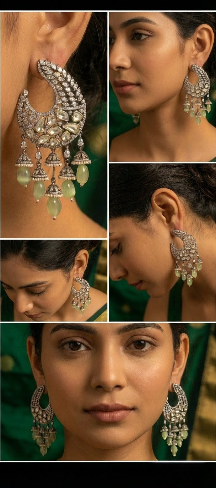 Jalparee Polki-Style CZ Silver Chandbali Earrings with Cascading Green Beads