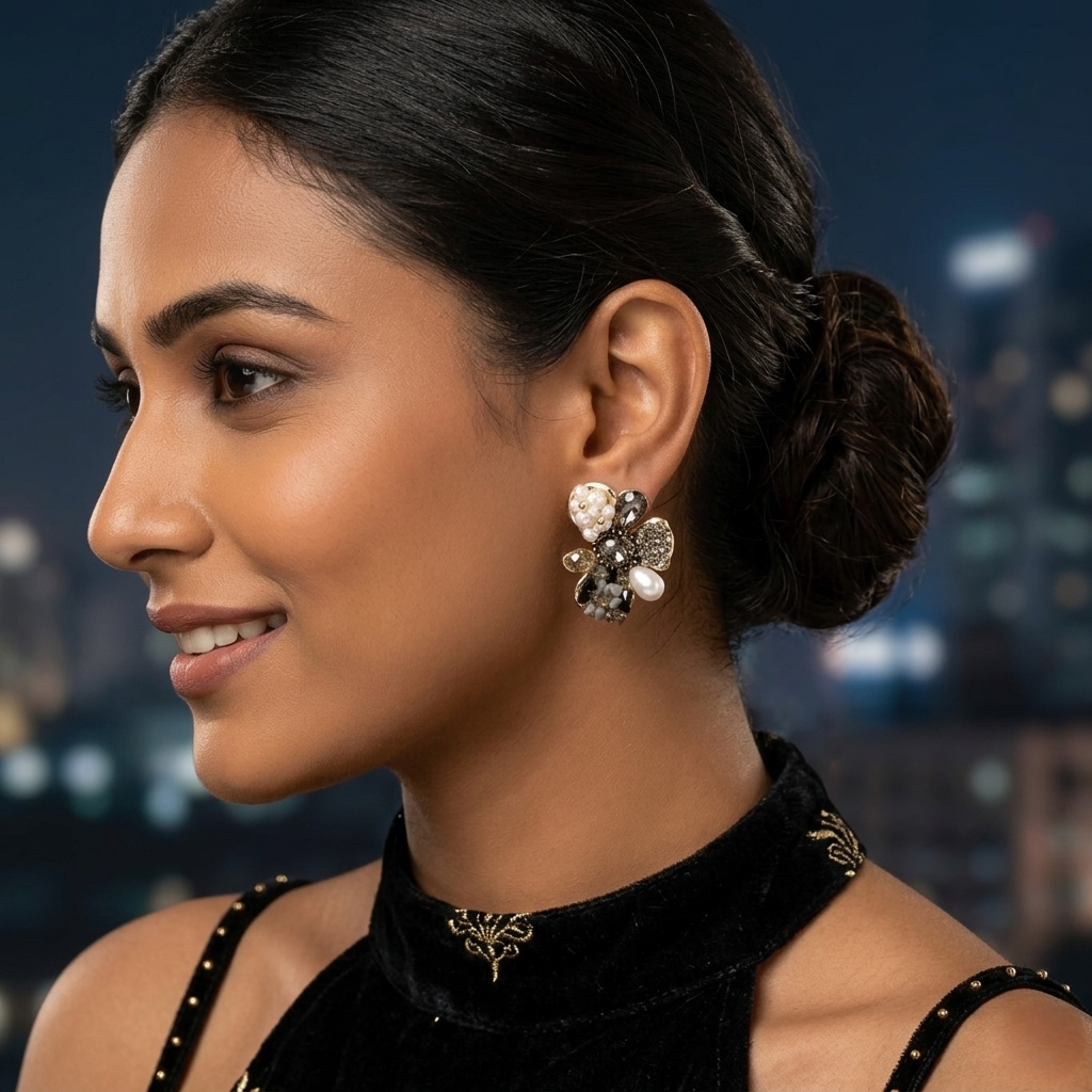 Jalparee Elegant Floral Cluster Stud Earrings with Pearls and Smoked Crystals