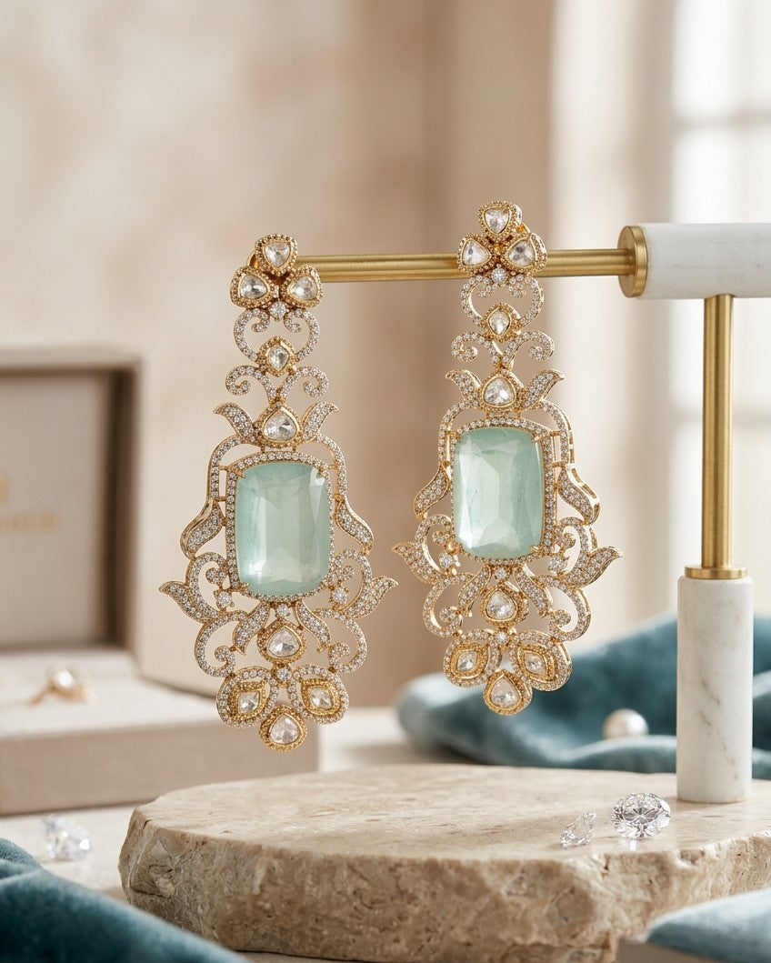 Jalparee Prismatic Chandbali Earrings with Cushion-Cut Green Beryl