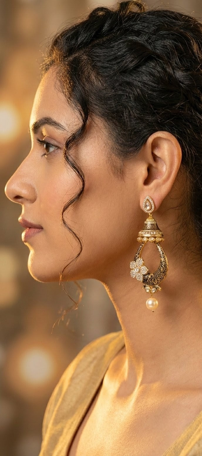 Jalparee Exquisite Gold-Tone Black Enamel & Stone Floral Jhumka Earrings with Pearl Drop