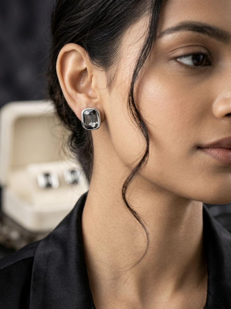 Jalparee Elegant Smokey Grey Emerald-Cut Crystal Stud Earrings – Contemporary Western Ear Tops