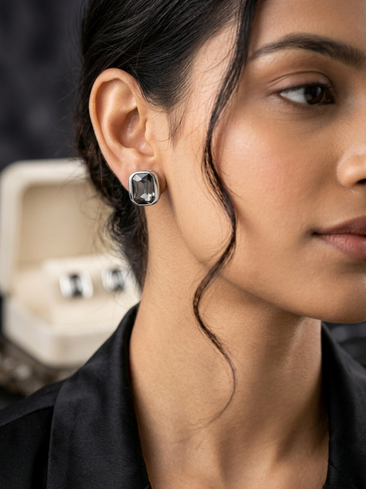 Jalparee Elegant Smokey Grey Emerald-Cut Crystal Stud Earrings – Contemporary Western Ear Tops