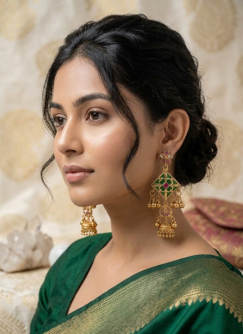 The 'Nila' Emerald-Green Meenakari & Kundan Jhumka Drop Earrings