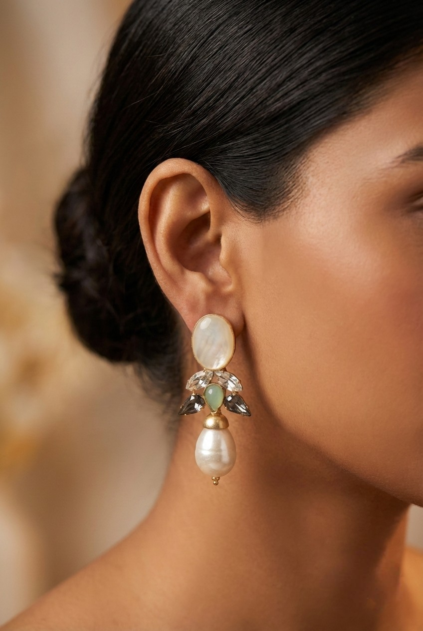 Jalparee Indo-Western Pearl & Crystal Drop Statement Earrings