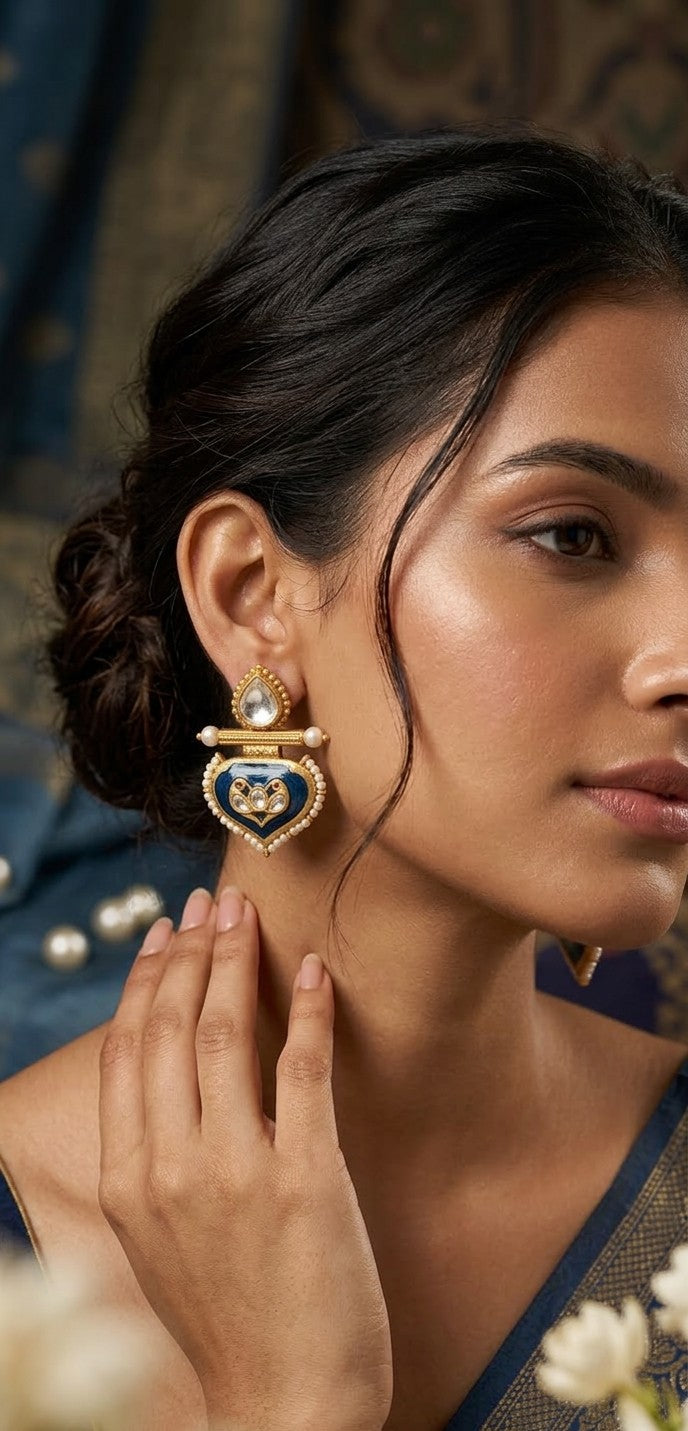 Jalparee Heritage Collection: Meenakari Blue Enamel and Kundan Heart Drop Earrings