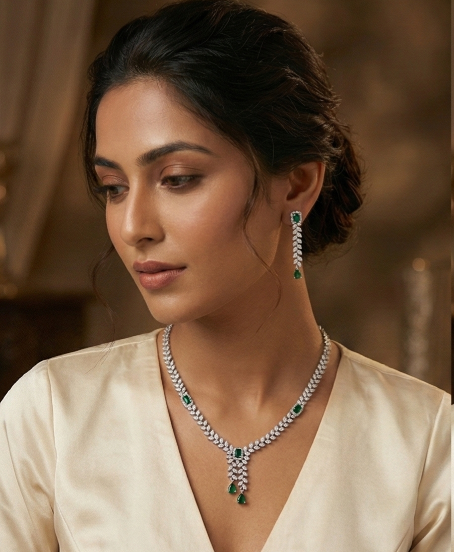 Regal Emerald & AD Necklace Set by Jalparee