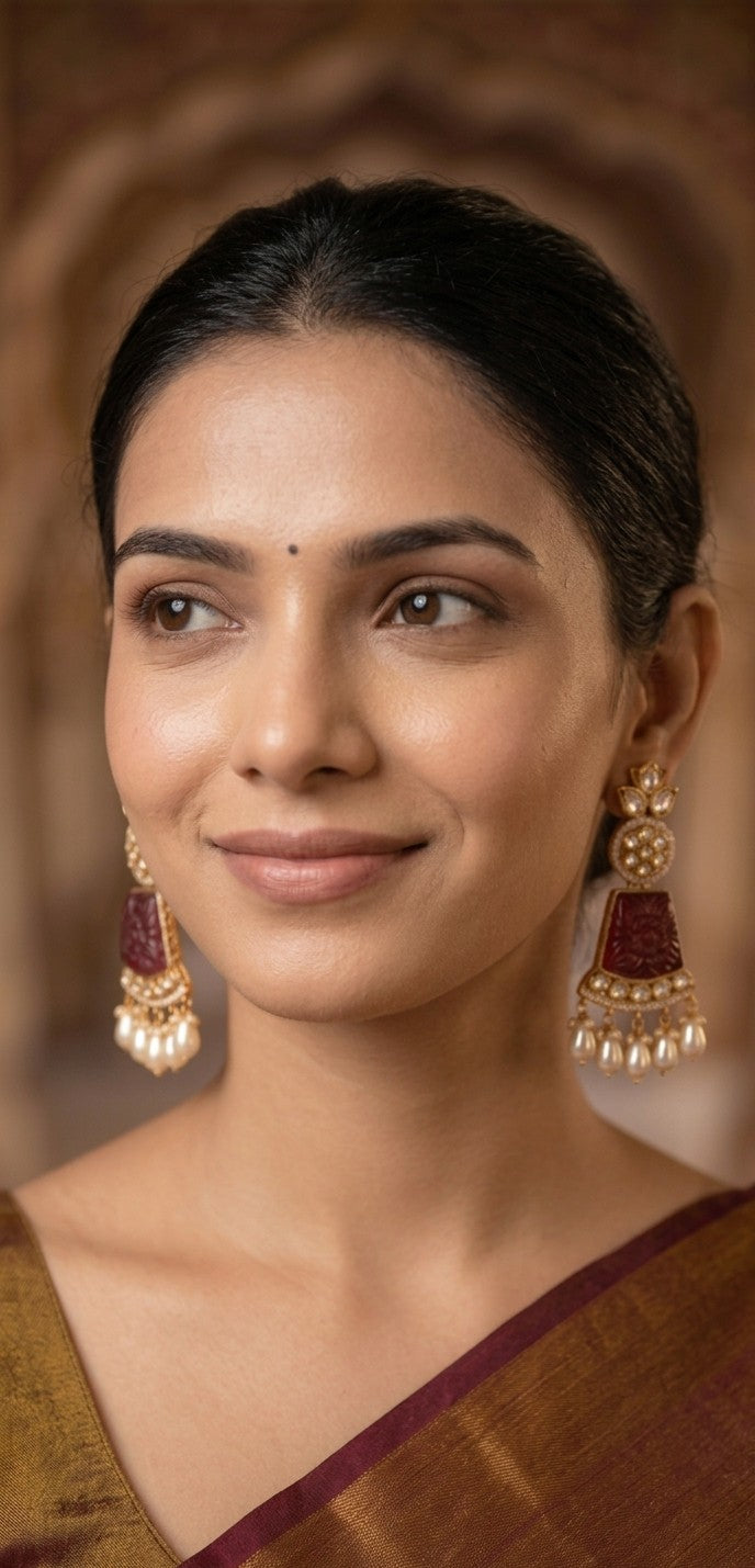 Jalparee Heritage Collection: Intricately Carved Maroon Panel and Kundan-Set Chandelier Jhumka Earrings with Multiple Pearl Drops