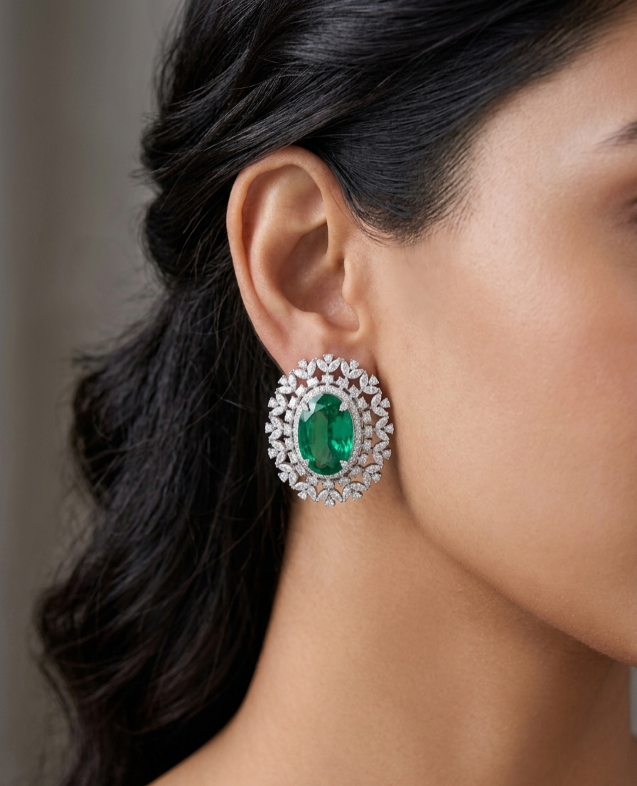 Royal Emerald Green AD Floral Statement Studs