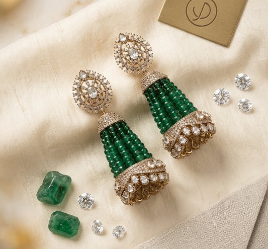 ✨ Traditional Diamond & Emerald Jhumka Earrings by Jalparee ✨