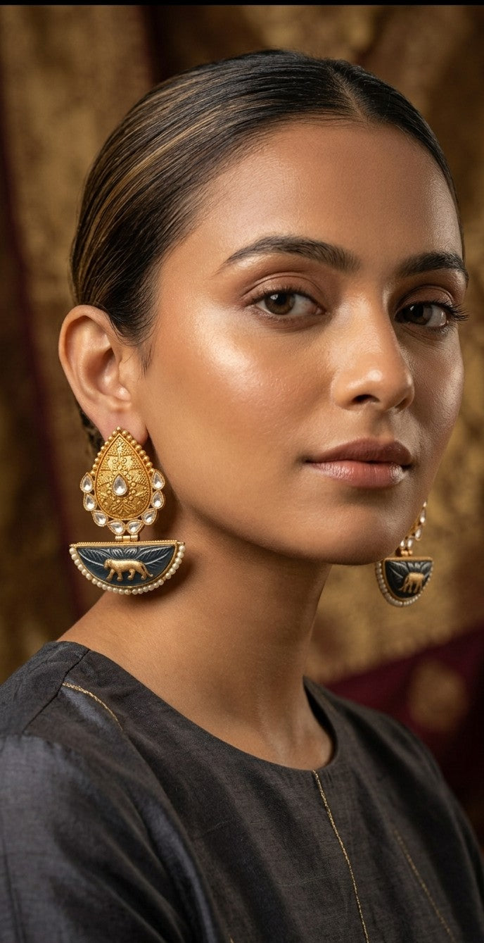 Jalparee Kundan and Meenakari Lion Motif Dangler Earrings