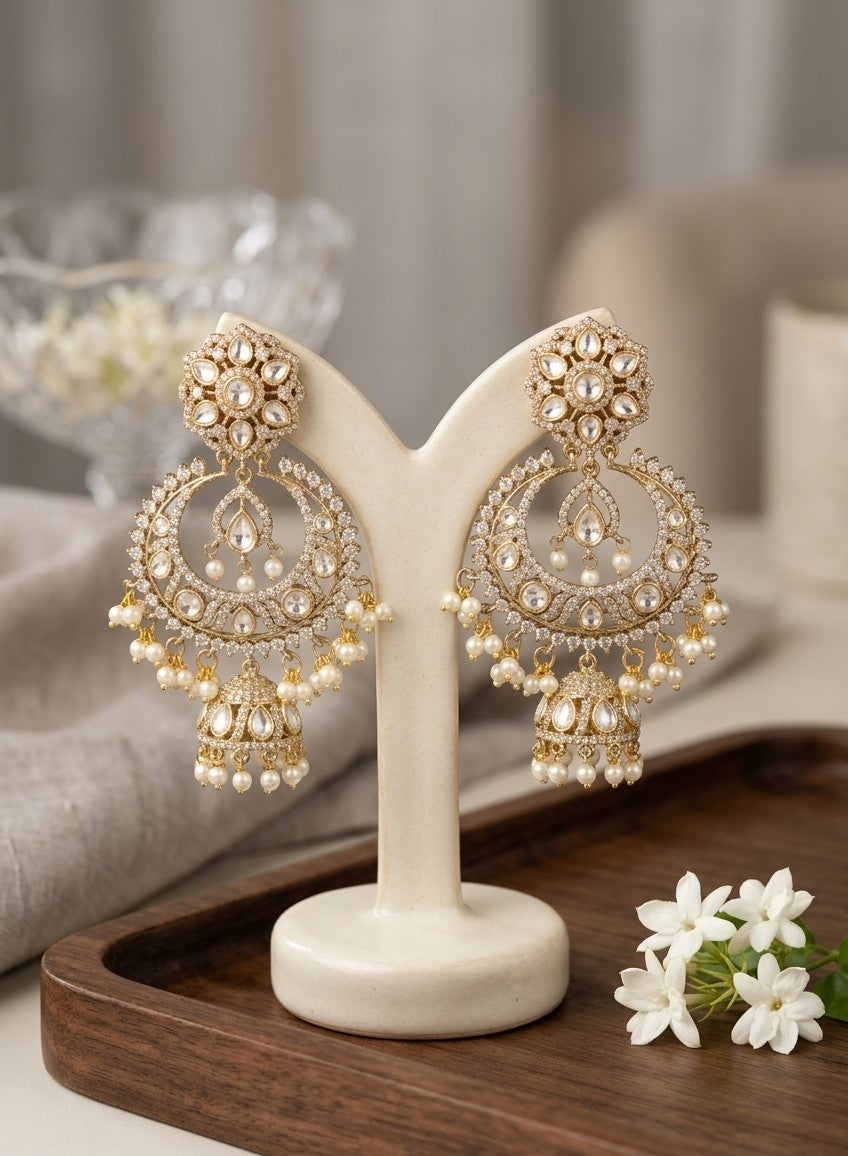 Jalparee Meera Kundan Jhumka Earrings with Pearls - Majestic Traditional Chandelier Jhumkas for Brides & Special Occasions