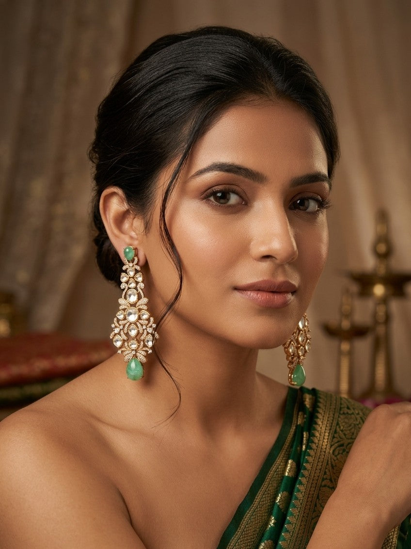 Jalparee Kundan and Emerald Chandbali Style Dangle Earrings