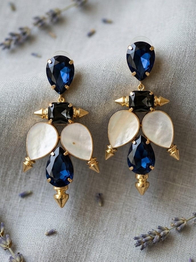 Aurelia Blossom: Royal Blue Crystal & Mother of Pearl Gold Spike Earrings by Jalparee