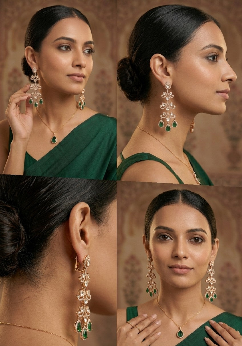 Jalparee | Emerald & Polki Diamond Tiered Chandelier Earrings in Gold