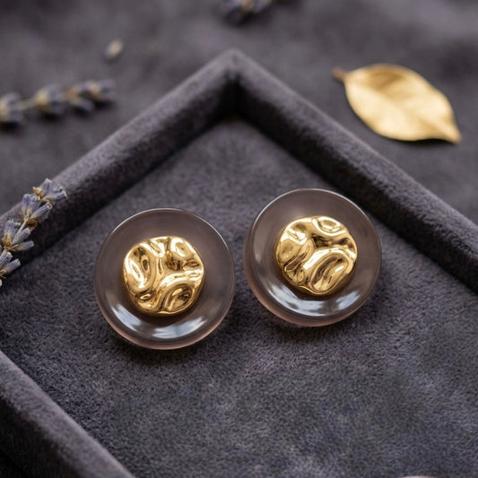 Jalparee Aura Hammered Gold and Smoky Resin Round Stud Earrings