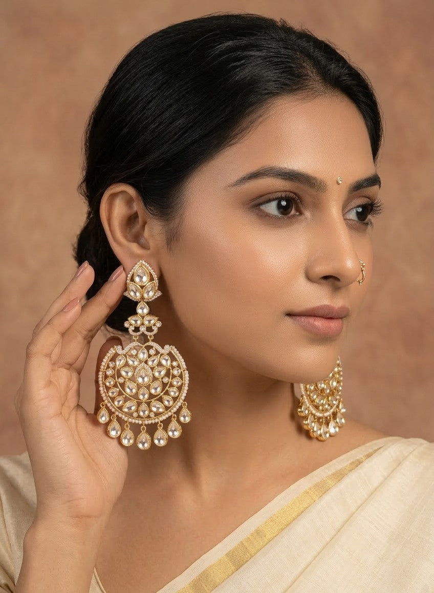Jalparee Kundan and Pearl Chandelier Earrings in Gold