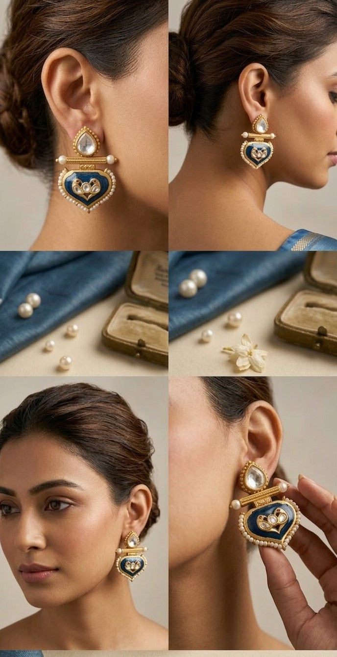 Jalparee Heritage Collection: Meenakari Blue Enamel and Kundan Heart Drop Earrings