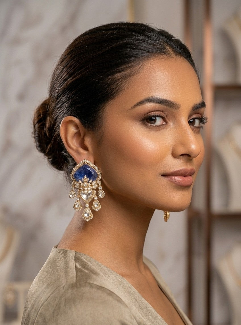 The Neelima Heritage Jhumka – Royal Blue Sapphire & Polki Drop Earrings