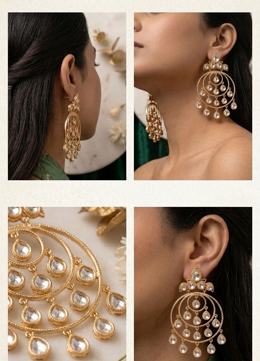 Jalparee "Virasat" Kundan Gold Plated Multi-Tiered Hoop Earrings with Teardrop Dangles