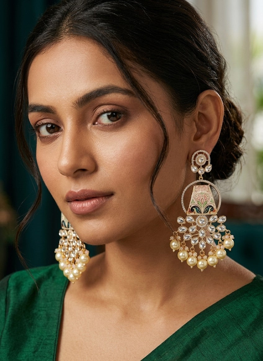 Jalparee Eternal Blossom Meenakari Kundan & Pearl Traditional Chandelier Earrings