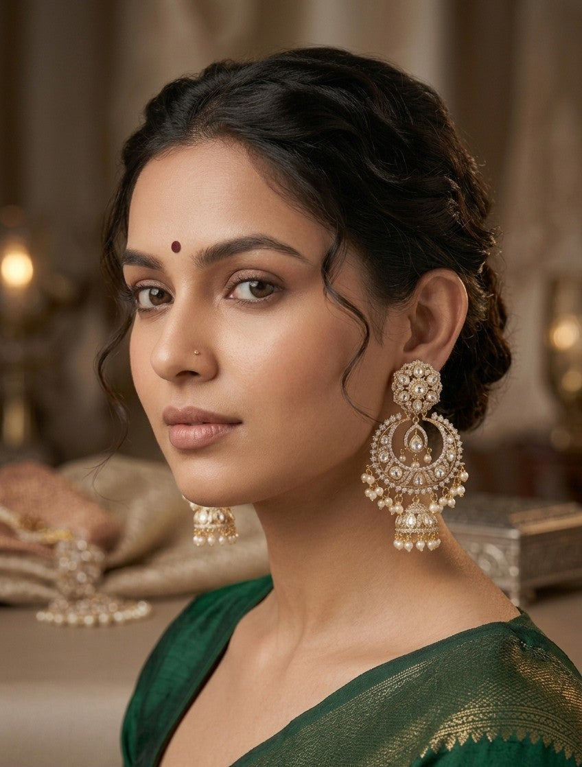 The Jalparee Heritage Collection: Exquisite Kundan and Pearl Chandbali Jhumka Earrings